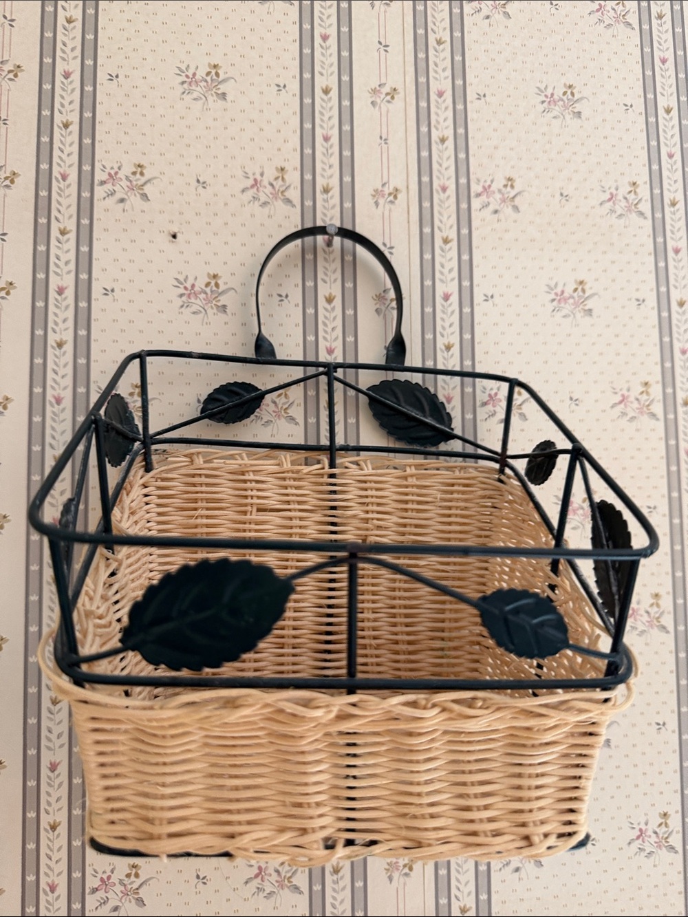 Wicker Basket Wall Organizer with Black Leaf Metal Frame